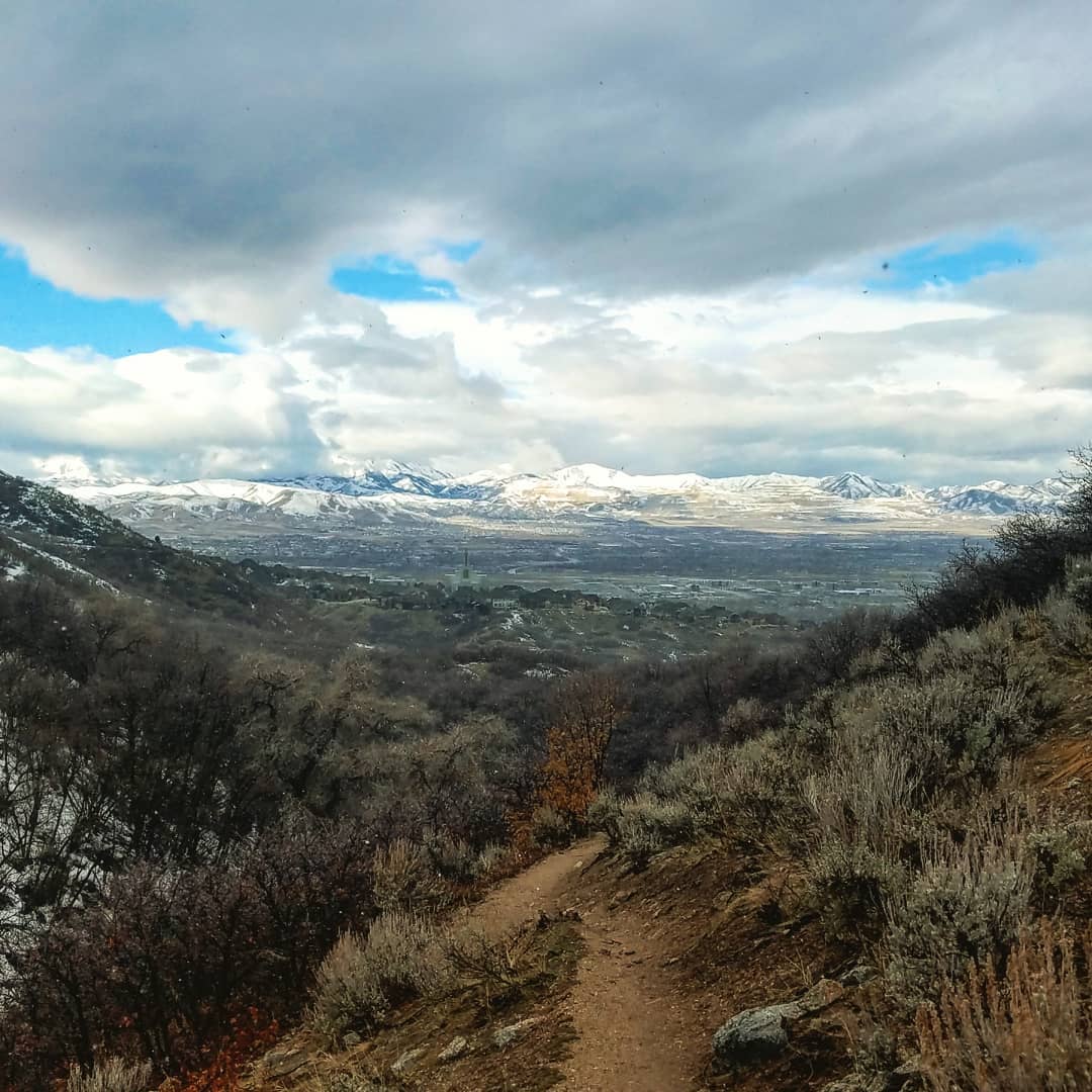 Snow-capped Wasatch mountains rising over a dirt trail through the sagebrush